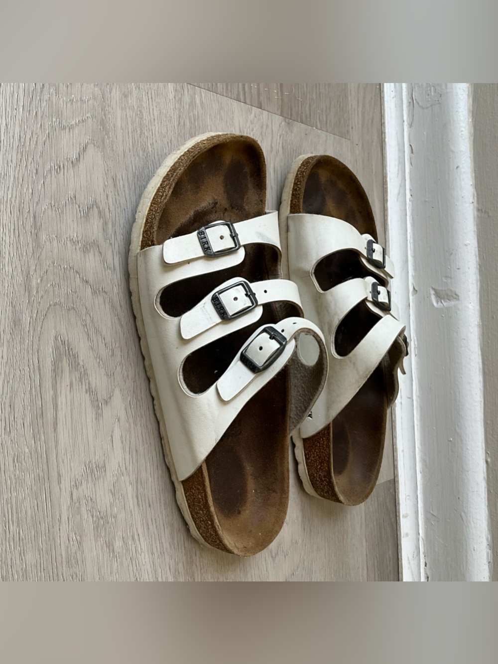 Birkenstock White Triple-Strap Sandals with Buckles